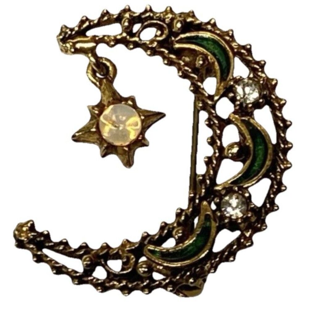 Vintage Signed FLORENZA Crescent Moon Star Brooch Green Enamel Faux Opal Pin